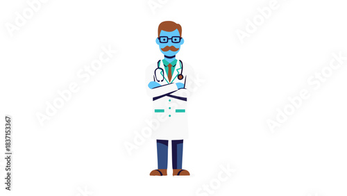 Pixel Art Doctor Wearing White Lab Coat and Stethoscope Arms Crossed On Black Background