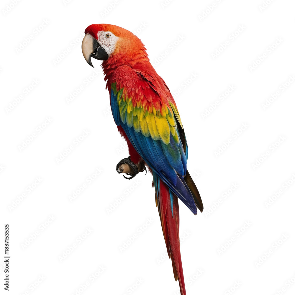 Fototapeta premium Vibrant plumage a scarlet macaw striking portrait in studio shot against a black backdrop
