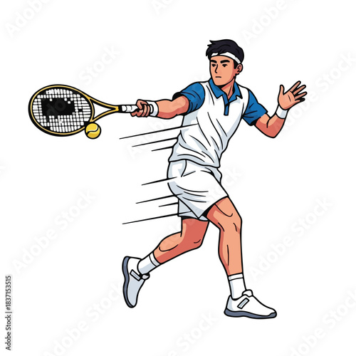 Dynamic Vector Illustration of a Male Tennis Player in Action, Hitting a Ball with Speed and Agility During a Competitive Match