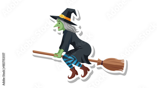 Pixel Art Illustration of a Green Skinned Witch with Gray Hair Wearing a Pointed Hat and Striped Stockings Flying on a Broomstick Against a Black Background
