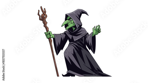 Pixel Art Illustration of a Green Witch Wearing a Dark Hooded Robe Holding a Wooden Staff Against a Black Background