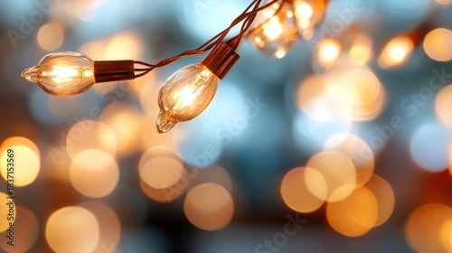 Glowing ambient fairy lights with warm tones bokeh on blurred pastel background creating a dreamy