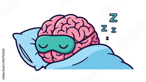 Pixel Art Illustration of a Pink Brain Wearing a Teal Sleep Mask Resting on a Light Blue Pillow Under a Light Blue Blanket with Zzz Symbols Floating Above Indicating Sleep