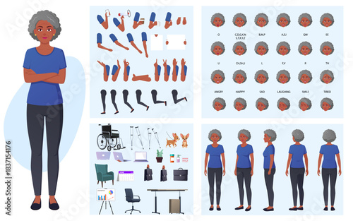 Mature Black woman character Constructor Elderly Businesswoman Character Creation Set with Movable Joints, Lip-sync, Emotions, Hand Gestures and Accessories Vector Illustration
