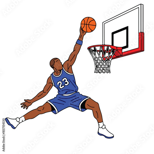 Dynamic Vector Illustration of an Athletic Basketball Player Soaring for a Slam Dunk, Capturing Energetic Motion and Competitive Spirit in Sports Competition
