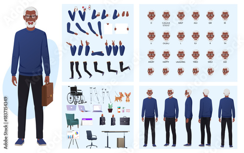 Senior Businessman Character Creation Pack, Elderly Black Man with Movable Joints, Lip-sync, Emotions, Hand Gestures and Accessories Vector Illustration