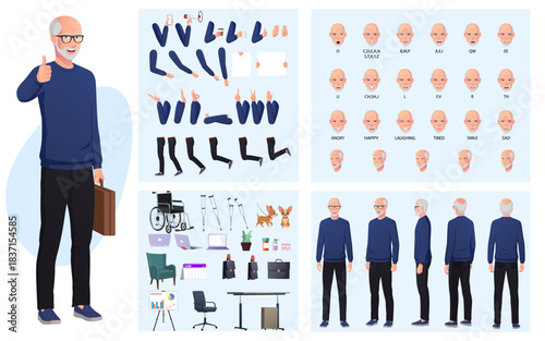 Senior man, Mature teacher , Elderly Businessman Character Creation Set with Movable Joints, Lip-sync, Emotions, Hand Gestures and Accessories Vector Illustration