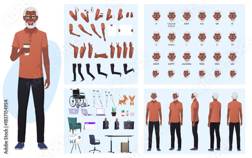 Elderly Black Man, Senior Businessman Character Creation Pack with Movable Joints, Lip-sync, Emotions, Hand Gestures and Accessories Vector Illustration