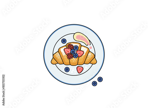 A top-down view of a French croissant topped with fruit on a plate, presented as a bakery item dusted with powdered sugar and berries against a white backdrop, rendered in a colorful flat vector