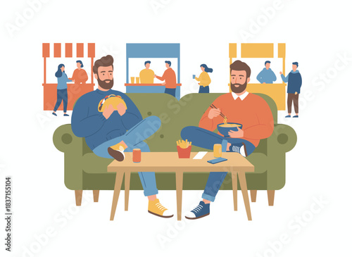 Two hipster men sit at a table eating a meal in a food court, while male friends relax on a sofa during dinner or lunch against a white background, and people take a break at a café, all depicted in