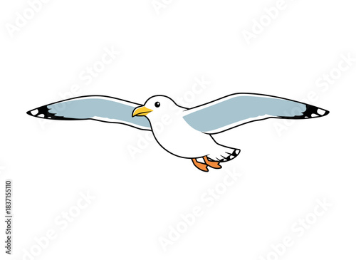 A cartoon seagull in flight, wings extended, depicted in a flat vector illustration. The colorful Atlantic seabird character, symbolizing wildlife fauna, stands alone against a white background. This