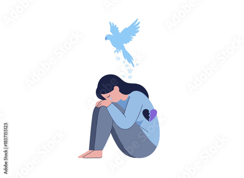 A pet owner mourns the loss of a deceased parrot, crying and feeling deep grief, while a flat vector illustration of the scene sits against a white background