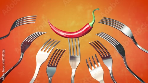 Red hot chili pepper stuck on the fork around of differents forks,
