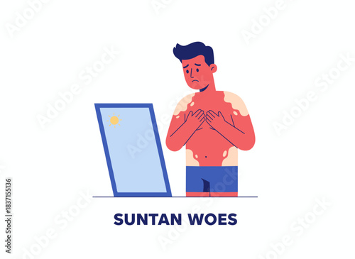 A man with a reddish complexion after UV exposure examines his sunburns in a mirror; his tan spots are a problem, and he looks sad, depicted in a flat vector illustration on a white background