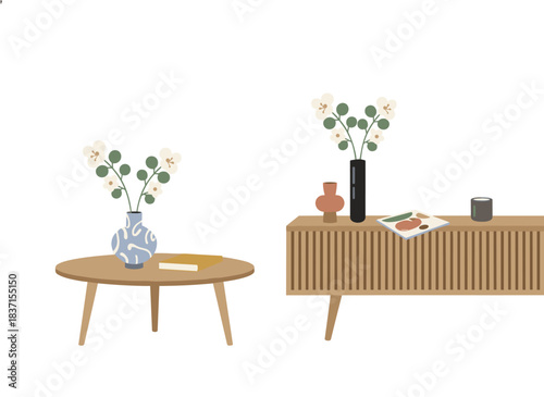 A wooden coffee table holding a vase and a book, complemented by wooden furnishings adorned with flower branches, a magazine, and home décor, all presented in a modern Scandinavian retro interior