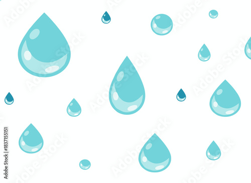 Drops of water, both large and small, appear as clear, cool droplets in a clean, cold liquid, serving as a design element in a flat vector illustration set against a white background