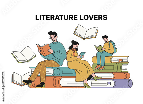 Stylishly dressed men and women sit atop a stack of enormous books or beside it, reading, while students and literature enthusiasts study. The illustration is colored in a contemporary style
