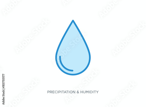 A minimalist line‑art icon depicting a clean raindrop, shown as a single water drop against a white background, symbolizing precipitation and humidity in a flat, contoured vector style