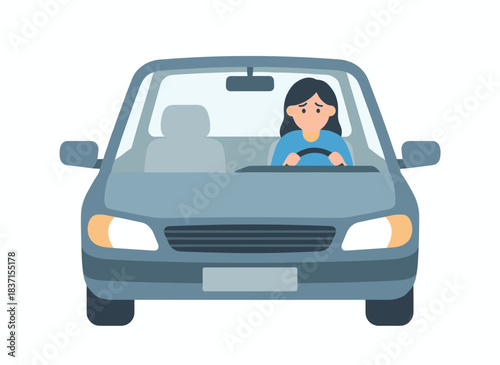 Front view of a car showing a distressed female driver seated at the wheel, looking tired and irritable, depicted as a flat vector illustration on a white background
