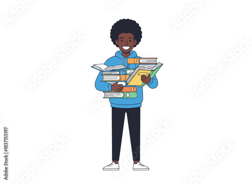 A cheerful black male reader grips paper books, selecting novels to read, depicted in a flat vector illustration against a white background