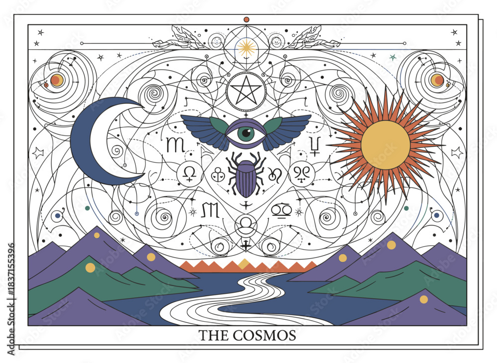 Obraz premium Tarot card illustration with esoteric line art on an occult background, featuring a crescent moon, sun, and sacred symbols, rendered in celestial geometric linework as a mystical spiritual cosmic