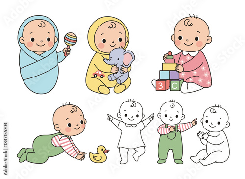 A collection of adorable newborns or young children in assorted outfits, clutching toys and rattles, depicted in line art and rendered as a vibrant vector illustration