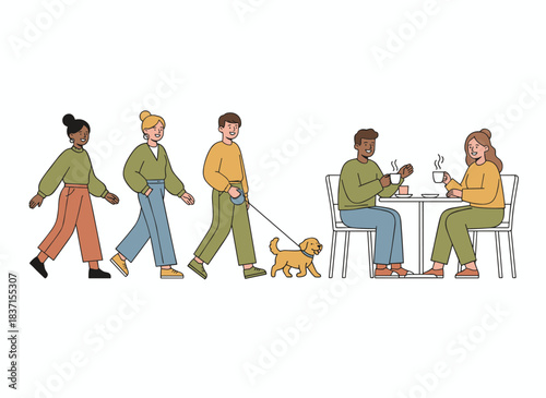 A group of contemporary young adults, stylish and relaxed, strolling with their dog while sipping coffee, exuding candid happiness in motion, depicted in a flat vector illustration set against a
