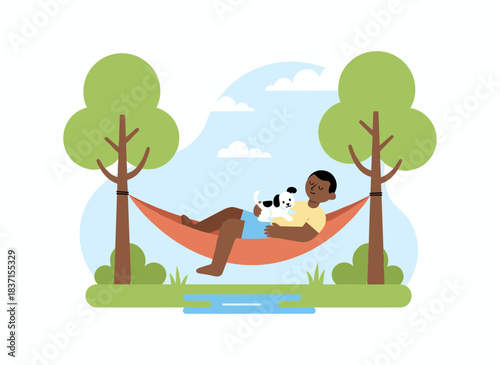 A black man and his dog unwind in a hammock surrounded by trees, while the owner and a puppy lie and rest outdoors during a summer vacation, enjoying leisurely relaxation in nature. The scene is