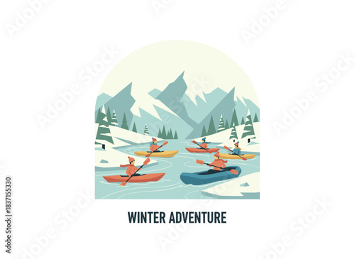 A winter boat adventure features tourists kayaking in chilly weather amid mountains and rivers, while others raft, all captured in a flat vector illustration set against a white background