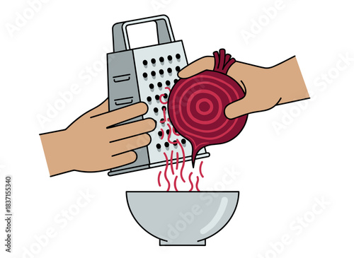 A metal hand grater is used to shred beetroot into straw-like pieces for cooking, shown in a flat vector illustration on a white background