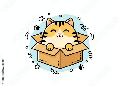 A happy cat perched inside a cardboard box set against a pale blue backdrop, depicted as a hand‑drawn black‑and‑white doodle in a modern, trendy illustration style