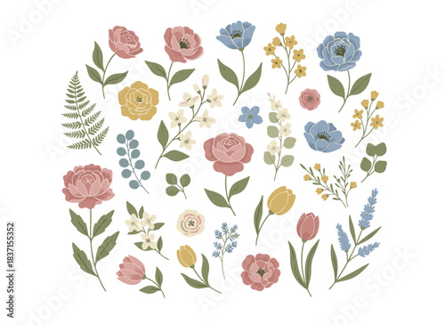 A collection of blooming flowers and ornamental flowering plants, presented against a white background, hand‑drawn in an elegant bundle, rendered as a natural illustration in a vintage style