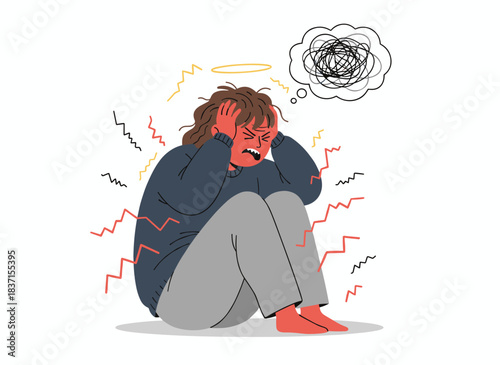 A stressed, irritated woman sits on the floor, angry and worried, feeling annoyed and frustrated, her mood clouded by anxiety, tension, and irritation, depicted as a flat vector illustration against
