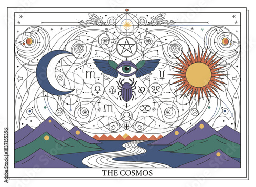 Tarot card illustration with esoteric line art on an occult background, featuring a crescent moon, sun, and sacred symbols, rendered in celestial geometric linework as a mystical spiritual cosmic