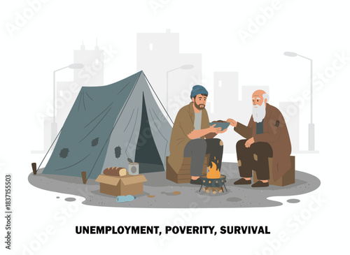 A flat vector illustration shows homeless individuals seated beside a tent on a city street, while a poor young man and an elderly refugee share a solitary dinner, highlighting themes of