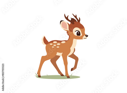 A spotted bambi deer, standing with a bent leg, is shown from the side as it walks through the forest, its cute, graceful reindeer form accented by antlers and sweet eyes, rendered as a flat vector