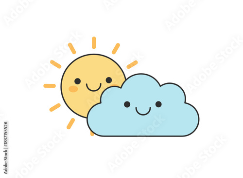 Adorable radiant sun and cheerful cloud figures, each with smiling faces, depicted as a partly sunny weather icon in a playful, colorful flat vector style on a white background