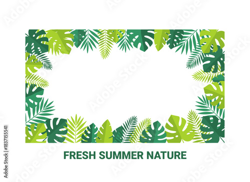 A tropical leaf-framed background showcases jungle and rainforest foliage, including exotic palms, ferns, and monstera leaves, arranged in a wide horizontal banner that evokes fresh green summer