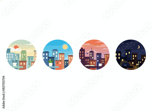 A collection of window scenes depicting morning, afternoon, evening, and night vistas, showing the city at various times of day from inside, rendered as a colored flat vector illustration set against