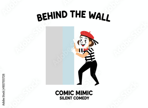 A French female mime actress performing pantomime, a comic mimic artist and comedian, portrayed as a woman in a beret delivering silent, dumb comedy behind a wall, rendered as a flat vector