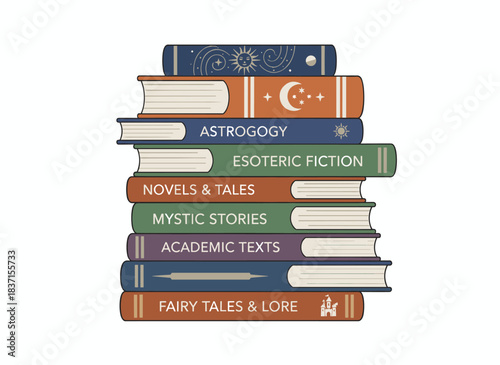 Stacks of paper books. A pile of abstract mystical literature. Esoteric astrology reading. Fiction, novels, stories, academic textbooks, and fairy tales. A flat vector illustration set against a
