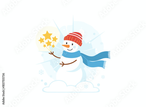 Adorable snowman clutching starry hands, wishing for Christmas holidays, wearing a cozy cap and scarf, depicted as a snowy fairytale figure in a flat vector illustration against a white background