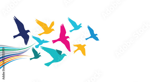 A vibrant flock of silhouette birds in various colors takes flight, leaving a dynamic, multi-colored stream behind them, symbolizing freedom and motion.