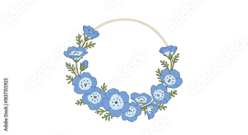 Beautiful semi-circular wreath featuring light blue nemophila flowers and delicate green leaves on a pristine white background.