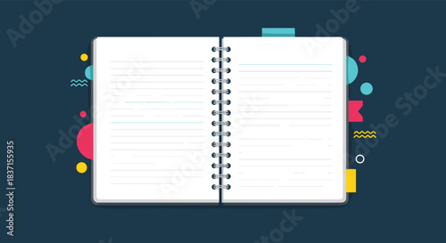 Open spiral notebook with blank lined pages in a colorful flat design, surrounded by abstract shapes on a dark blue background.