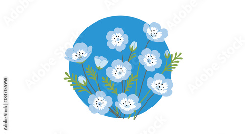 Delicate light blue nemophila flowers and green leaves bloom beautifully within a circular blue background, creating a serene botanical illustration.