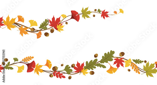 Vibrant autumn-themed decorative borders with a mix of colorful fall foliage and acorns on a clean white background.