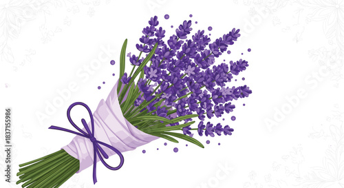 A beautiful bouquet of vibrant purple lavender flowers, elegantly wrapped and tied with a complementary ribbon, set against a subtle white background.