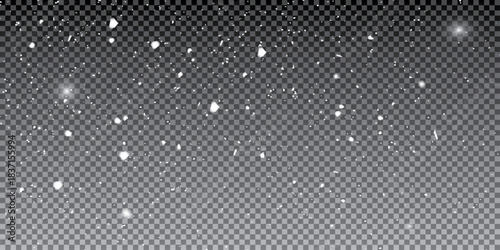 Snowflakes on a transparent background. Heavy snowfall, snowflakes in different shapes and forms. Winter. Snow background. Snowflakes isolated