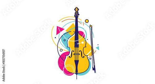 A vibrant, abstract illustration of an upright bass with a bow, surrounded by colorful geometric shapes.